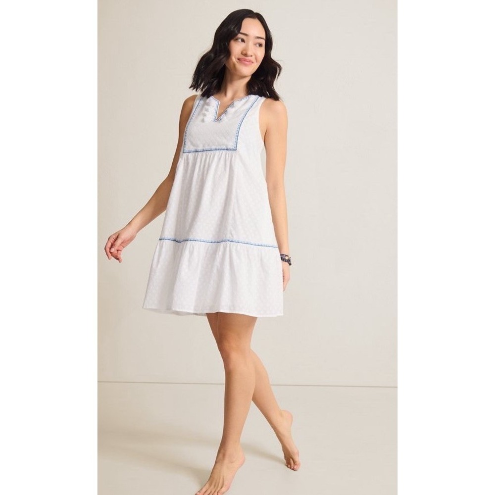 Tommy Bahama XL Cotton Clip Sleeveless Tiered Coverup Dress White Blue Trim NEW